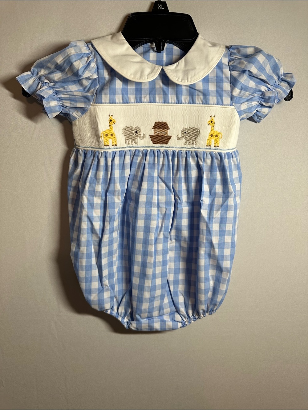 Blue Gingham Baby Bubble Romper with Noahs Ark Smocking